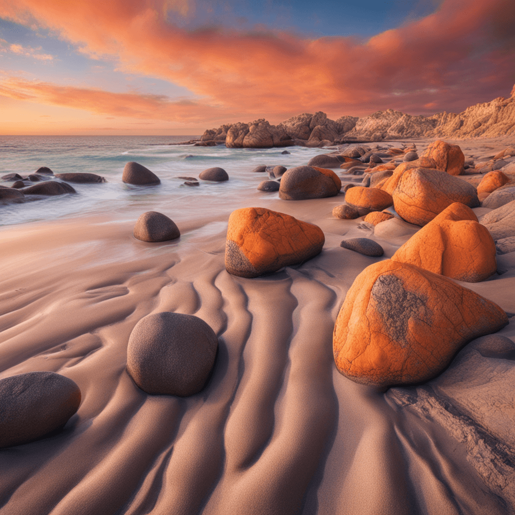 a picture of a surrealistic beach landscape with a bright orange sky, pastel colors, and a rocky shoreline. High resolution, with a wide-angle lens and a tilt-shift effect, featuring the works of surrealist artist Salvador Dali.