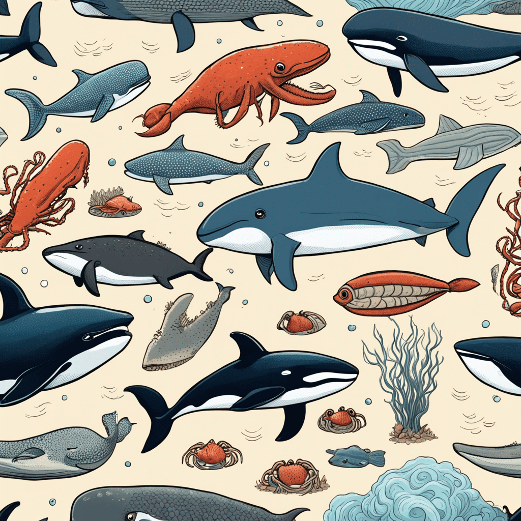 the ocean, with many little fish, a whale, a killer whale, an octopus, some lobster, a crab, everything in like comics books style or cute style 