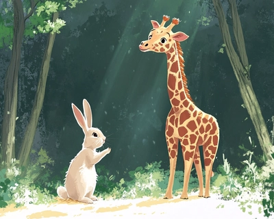draw a giraffe and a rabbit in a wooded area