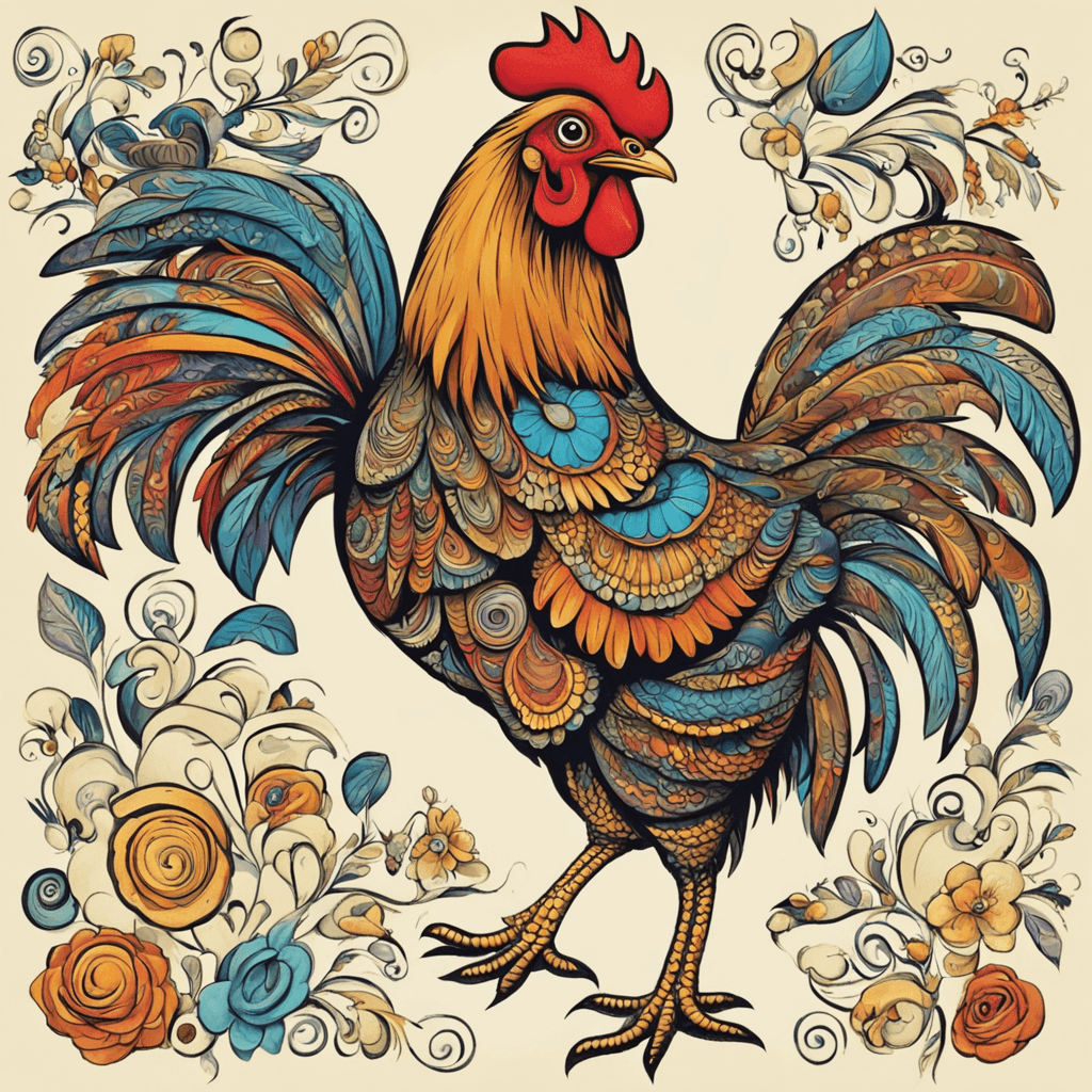 i want a cartoon of a chicken, very statick, colorful and maybe for a teenager, with big eyes, like crazy, singing rock and roll