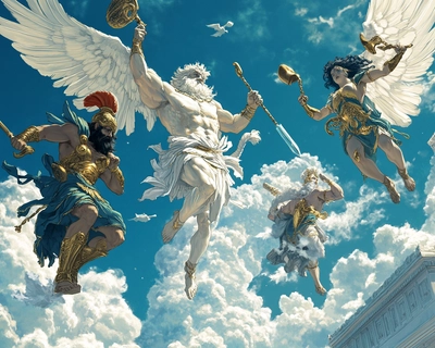 Zeus, 
Héra, 
Poséidon, 
Déméter, 
Athéna, 
Apollon, 
Artémis, 
Arès, 
Héphaïstos,
Aphrodite, 
Hermès, 
Dionysos, 
Hestia, 
Hébé, 
Perséphone, 
Pan, 
Éros, 
Iris, 
Morphée
Olympe