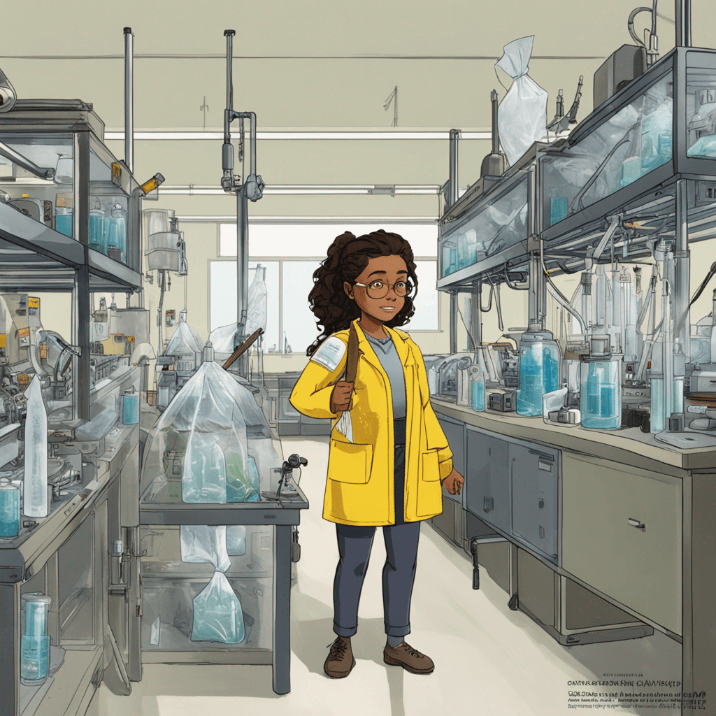 A picture of a girl that is stressed because her thesis is all going wrong. She is standing in the lab with a broken machine that can identify the compounds she has in a plastic bag. She is wearing a yellow safetyjacket from wageningen university and a lab coat. She has a wand from harry potter and is working