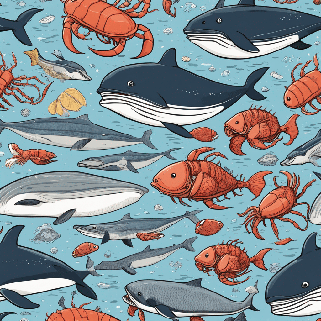 the ocean, with many little fish, a whale, a killer whale, an octopus, some lobster, a crab, everything in like comics books style or cute style 
and want dishes also in the ocean, like washing machine, cans