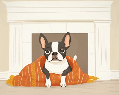 cartoon boston terrier cuddled in blankets in front of a white fireplace