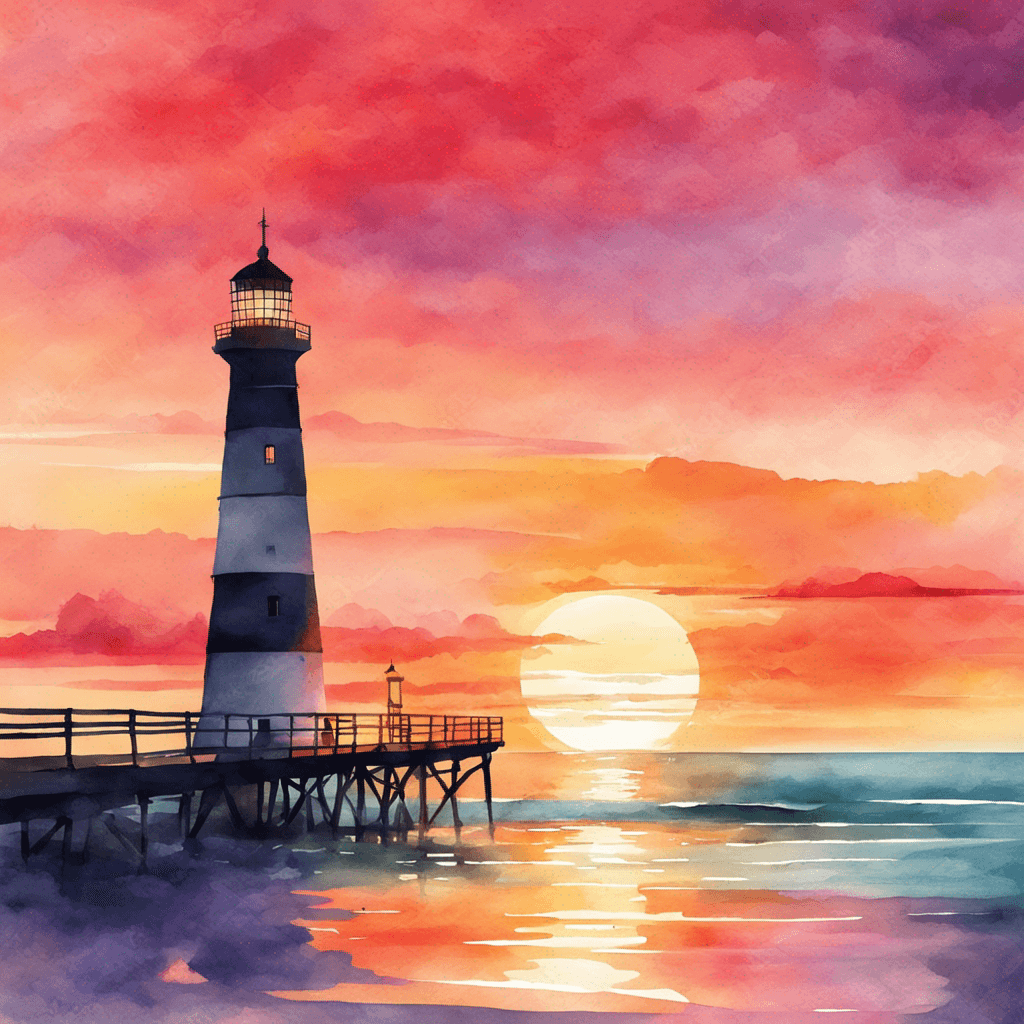 a picture of a vibrant sunset over a beach with a pier and a lighthouse in the background. Watercolor painting with paper textured print, vector posters. Illustration, travel art minimal scene, wide angle shot.