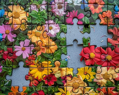A picture of a flower garden with big jigsaw pieces defined but 5 jigsaw pieces missing and denote those missing pieces in white and have these missing pieces spread out evenly and we do not want any missing pieces adjacent to each other