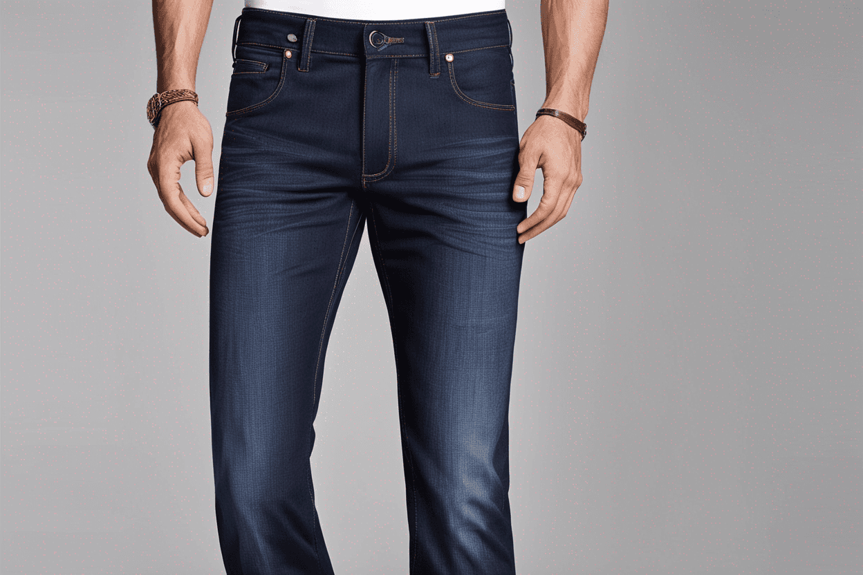 Please create an image representing a pair of modern jeans for adult men between 40 and 50 years old. The jeans should have a classic and elegant cut, with a denim wash that exudes sophistication and timeless style. The design should be subtly detailed, with high-quality finishes and fine seams. A minimalist approach is preferred, with few decorative elements that add a touch of distinction. The colors should be classic denim tones such as deep indigo blue or black, conveying a sense of refinement. The image should show the jeans paired with footwear and a stylish shirt or jacket for adult men, and the background should reflect a sophisticated environment in line with the taste of this age group