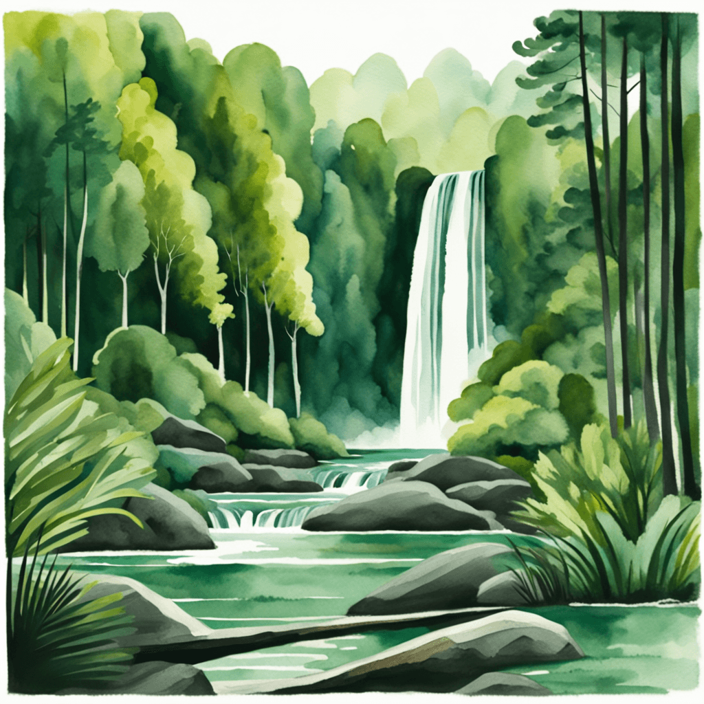 a picture of a majestic waterfall in a lush green forest. Watercolor and paper textured print, vector posters. Illustration, travel art minimal scene, close up. Wide angle lens, 4K resolution.