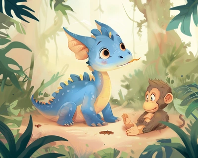 a small blue young dragon with small wings in the jungle, a monkey lies on the ground. The dragon looks surprised. The monkey looks hurt. Style is cartoony, colorful cel shaded children's book with soft warm tones and dappled light --style raw
