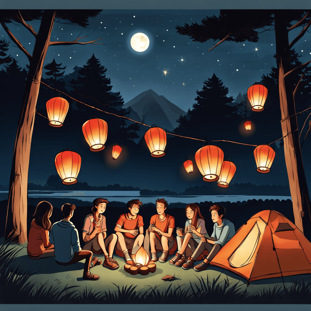 a picture of a camping atmosphere that has bright shining elements, there are groups of young men and women who look like a family, gathered together to fly lanterns at night. If the image is divided by 9 to the same size, an image is formed