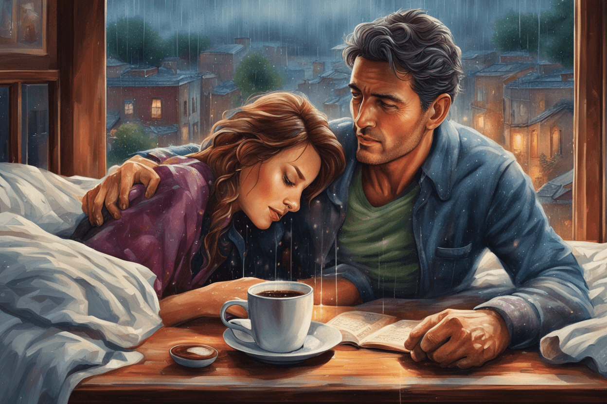 a highly detailed jigsaw puzzle of a man holding a woman, they are both lying in bed in the early morning, there is rain outside and a steaming cup of coffee by the bed side table, colors are soft and muted