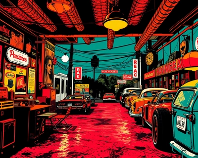 a nostalgic vintage scene, pop art style, bold colors, graphic design, Andy Warhol inspired, high contrast, highly detailed, rich textures, intricate details