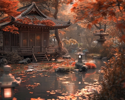 A serene Japanese garden in the heart of autumn, with vibrant red and orange maple leaves gently falling around a traditional wooden tea house. The scene is captured in the style of Katsushika Hokusai, with intricate details and a harmonious composition. The image is taken with a wide-angle lens to encompass the tranquil pond, stone lanterns, and winding pathways, all bathed in the soft, golden light of the setting sun.