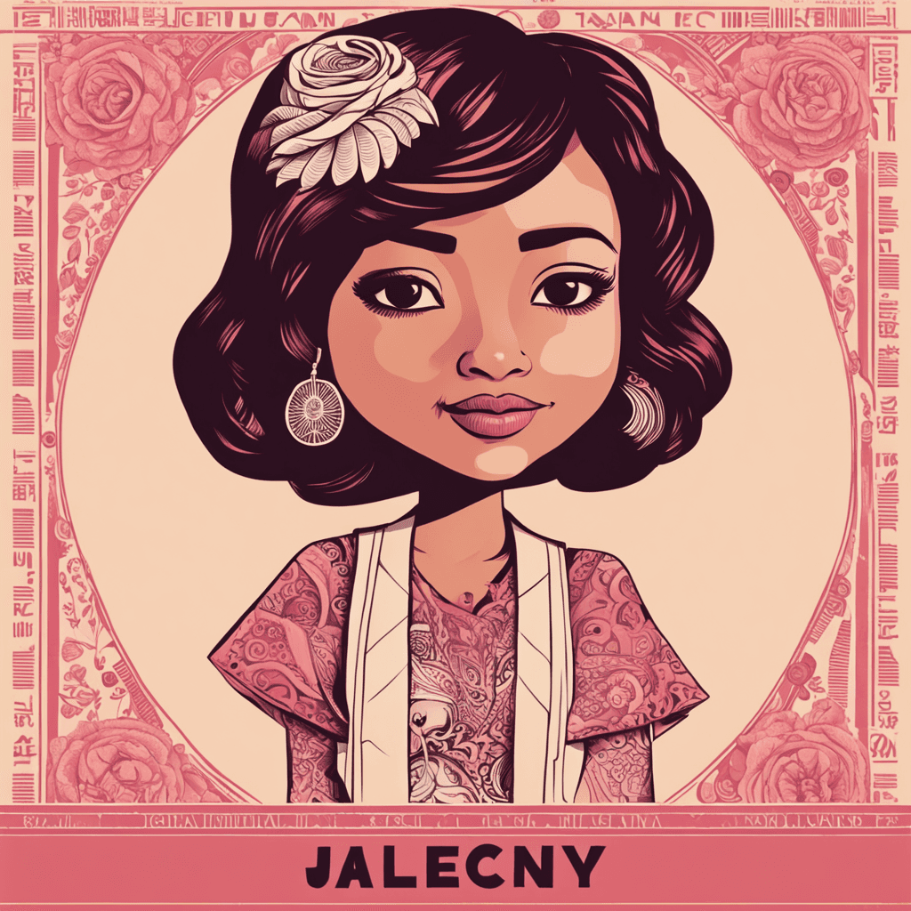  A typographic portrait of a chibi Latina Tatiana in rosa tones. The letters of the name "Jocelyn" are arranged in a playful and creative way, and Tatiana's face is superimposed over the letters.
