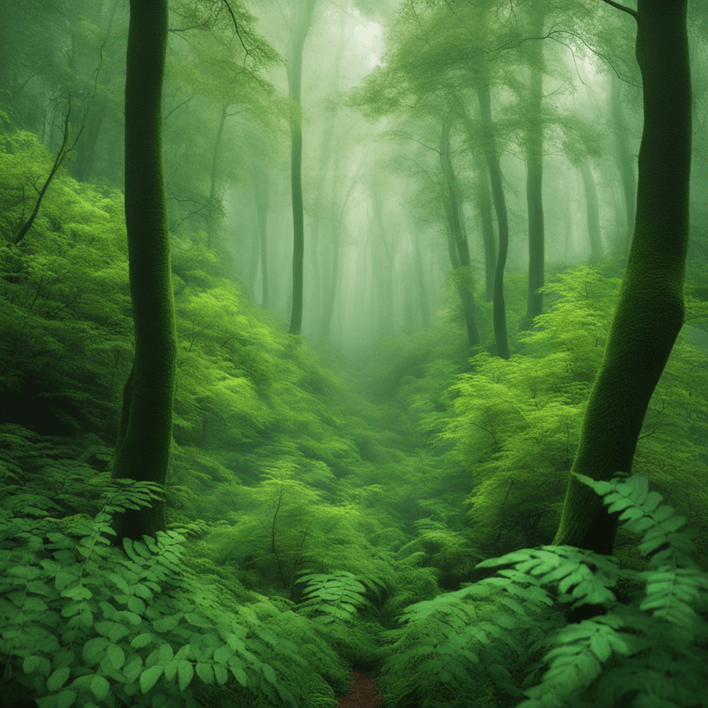 a picture of a lush green forest with a foggy atmosphere, seen through a telephoto lens with a resolution of 5K. The art style is inspired by the work of French painter, Henri Rousseau, with a dreamy and surreal feel.