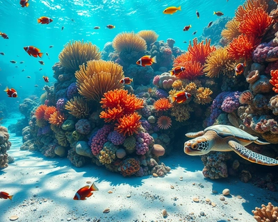 A vibrant underwater scene teeming with life, showcasing a coral reef bursting with color. Brightly colored fish dart among intricate coral formations, while delicate sea anemones sway gently with the currents. Sunlight filters through the water, creating shimmering patterns on the sandy ocean floor. A playful sea turtle glides gracefully in the foreground, surrounded by schools of tiny, iridescent fish. The rich blues and greens of the water contrast with the warm oranges, pinks, and yellows of the coral. The scene is rendered in a detailed, realistic style, capturing the enchanting beauty and diversity of marine life, evoking a sense of wonder and tranquility.