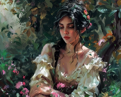lushill style, the most beautiful ever in a study, realistic style, sharp details, lush pronounced background, oil paint look, vibrant colors, high res.