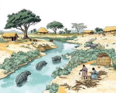 A picture of an african landscape with a river running through it. There should be a small village next to the river with a small family of 6 people. 3 people should be collecting water while the other 3 people should be collected firewood from the bush. There should be some realistic hippopotamus and crocodiles in the river in the background. Trees next to the river should include a baobab and some thorn bushes. The image must be realistic african colours.