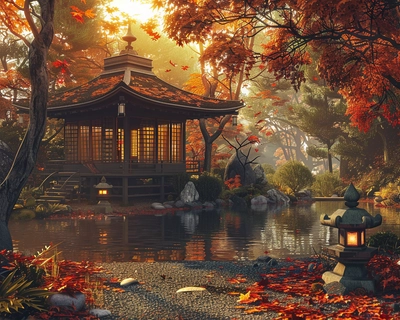 A serene Japanese garden in the heart of autumn, with vibrant red and orange maple leaves gently falling around a traditional wooden tea house. The scene is captured in the style of Katsushika Hokusai, with delicate brushstrokes and a harmonious color palette. The image is taken with a wide-angle lens to encompass the tranquil pond, stone lanterns, and meticulously raked gravel paths, all bathed in the soft, golden light of the setting sun.