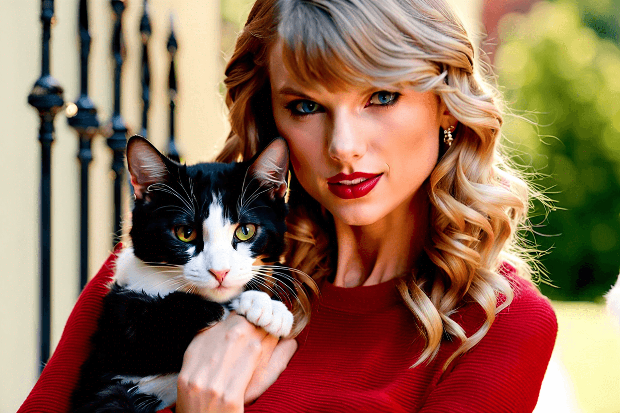 Taylor swift holding her cat. The picture from the me music video