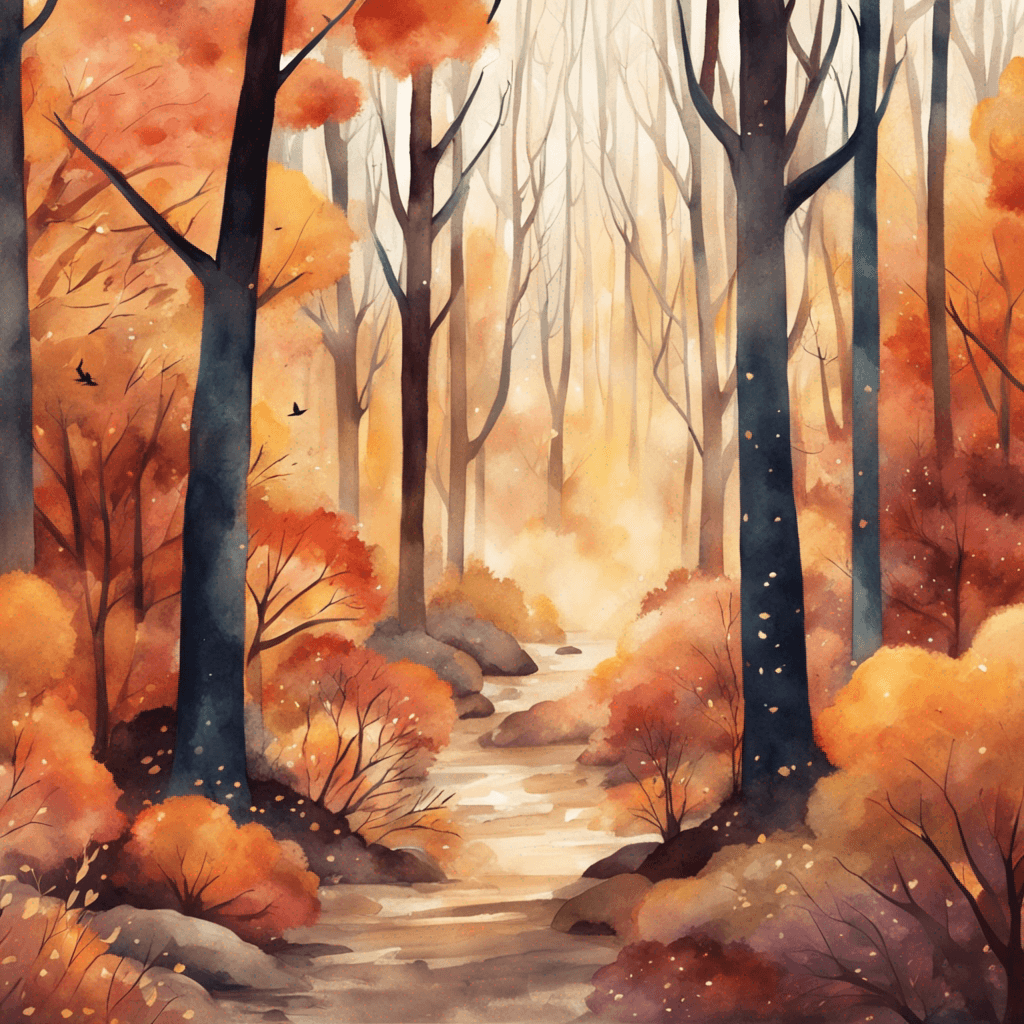 a picture of a magical forest in autumn. Watercolor and paper textured print, vector posters. Illustration, travel art minimal scene, birds eye view. Ultra wide lens, 4K resolution, warm afternoon light, dreamy atmosphere, vibrant colors.