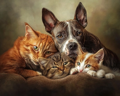 airbrushed photo of dogs and cats playing together, realistic photo