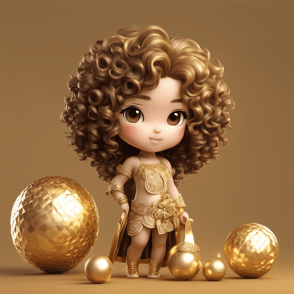 Chibi curly hair Phillipine in gold tones on the name "Roza”, illustration, 4d render, photo, realistic, cinematic, 3d render, anime, photo, poster, fashion, portrait photography

