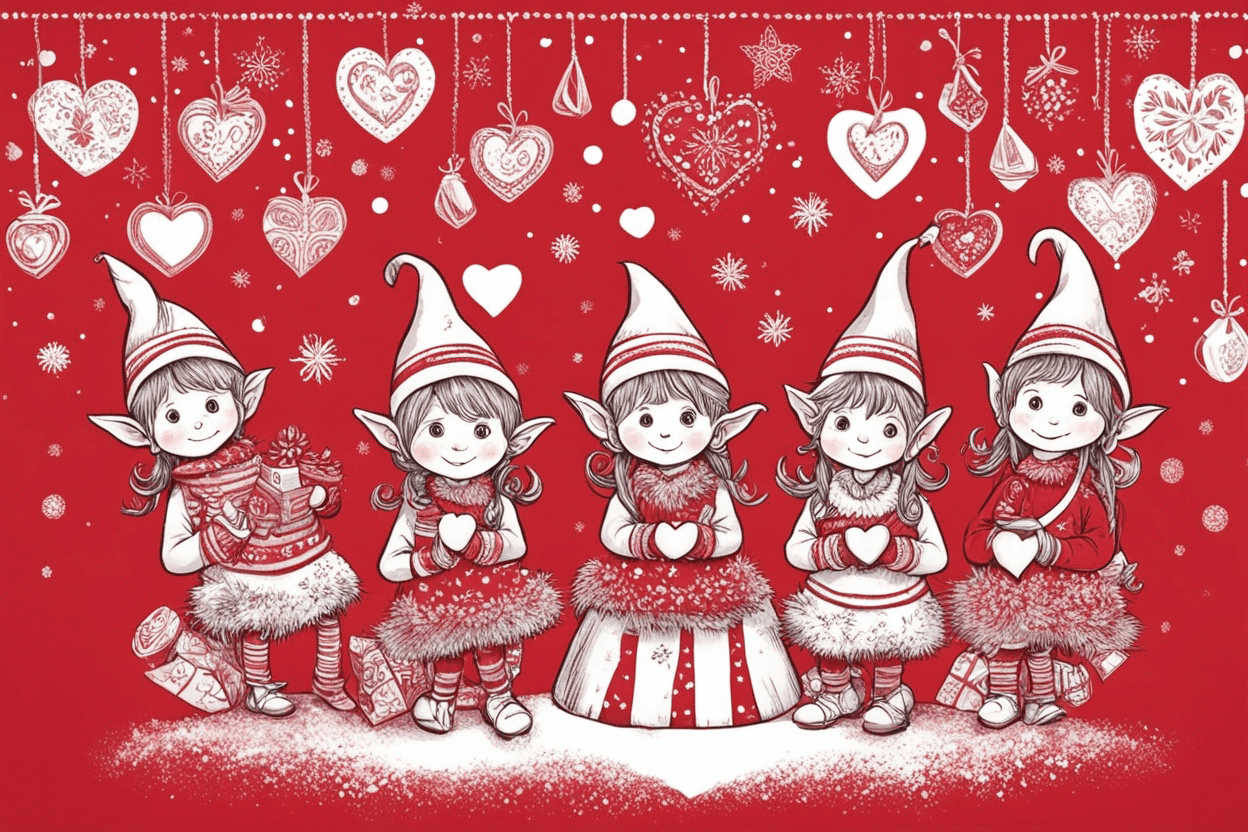 heart with cute kiddy elves on the shelf in red clothing