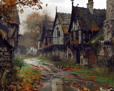 Autumn landscape painting by Richard Anderson. Fall, medieval fantasy scenario, Celtic, Anglo-Saxon, British islands folk, mud. [a town street with stone and timber houses with thatched roofs] at [rainy day]. Green grass and orange and brown leaves. Lushill style.