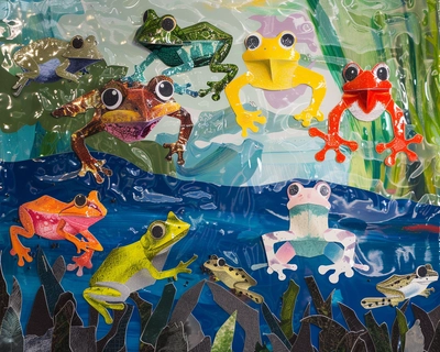 create a jigsaw puzzle for year 3 students to virtually play about the frog lifecycle labeled with every single stage having colored background with 16 pieces. 