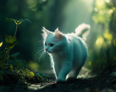 A cute white cat walking on the forest
