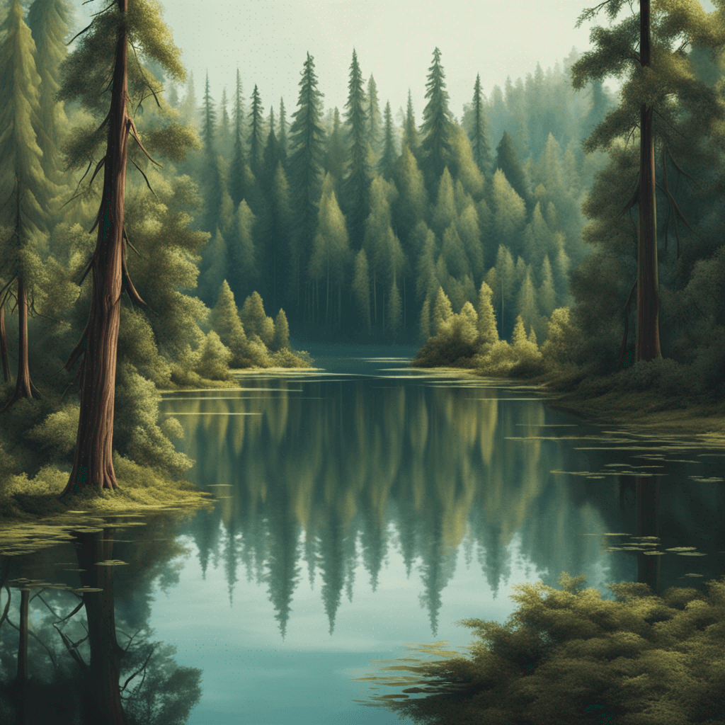 a picture of a peaceful lake in the middle of a dense forest, painted in a surrealist art style. Shot with a telephoto lens at 4K resolution.