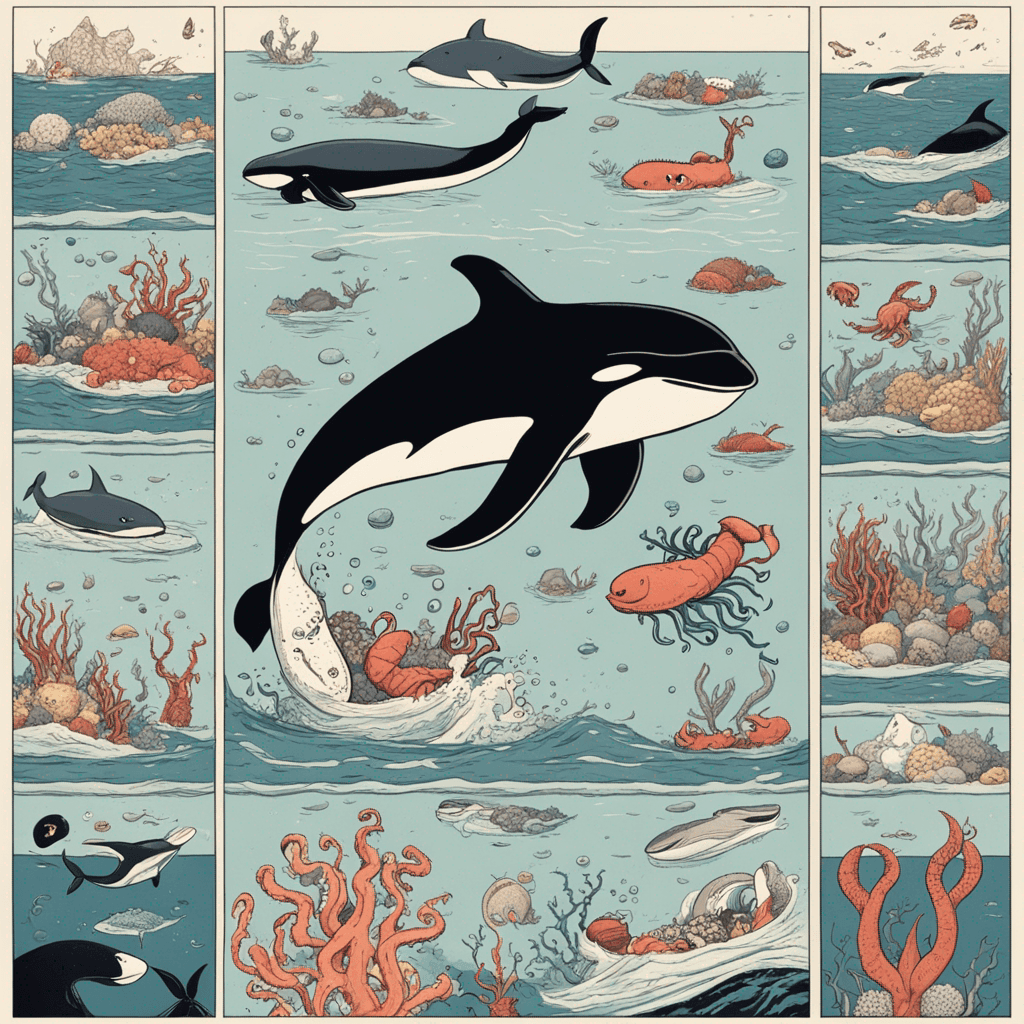 the ocean, with many little fish, a whale, a killer whale, an octopus, some lobster, a crab, everything in like comics books style or cute style, child style
