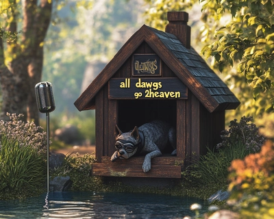 A doghouse with a sign that says "All Dawgs Go 2Heaven" with masked dog laying on top. It is near a stream and there is also a microphone 