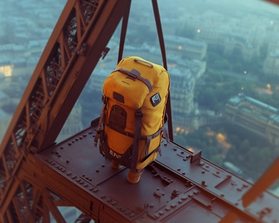 a sleepy rucksack is climbing the Eiffel Tower