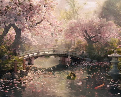 A serene Japanese garden in the heart of spring, with cherry blossom trees in full bloom, their pink petals gently falling onto a tranquil koi pond. The scene is bathed in soft, golden sunlight, creating a warm and inviting atmosphere. The garden features a traditional wooden bridge arching over the pond, with a stone lantern nearby. The art style is inspired by the delicate and detailed works of Katsushika Hokusai, with a touch of modern digital painting techniques. The image is captured with a wide-angle lens to encompass the full beauty of the garden.