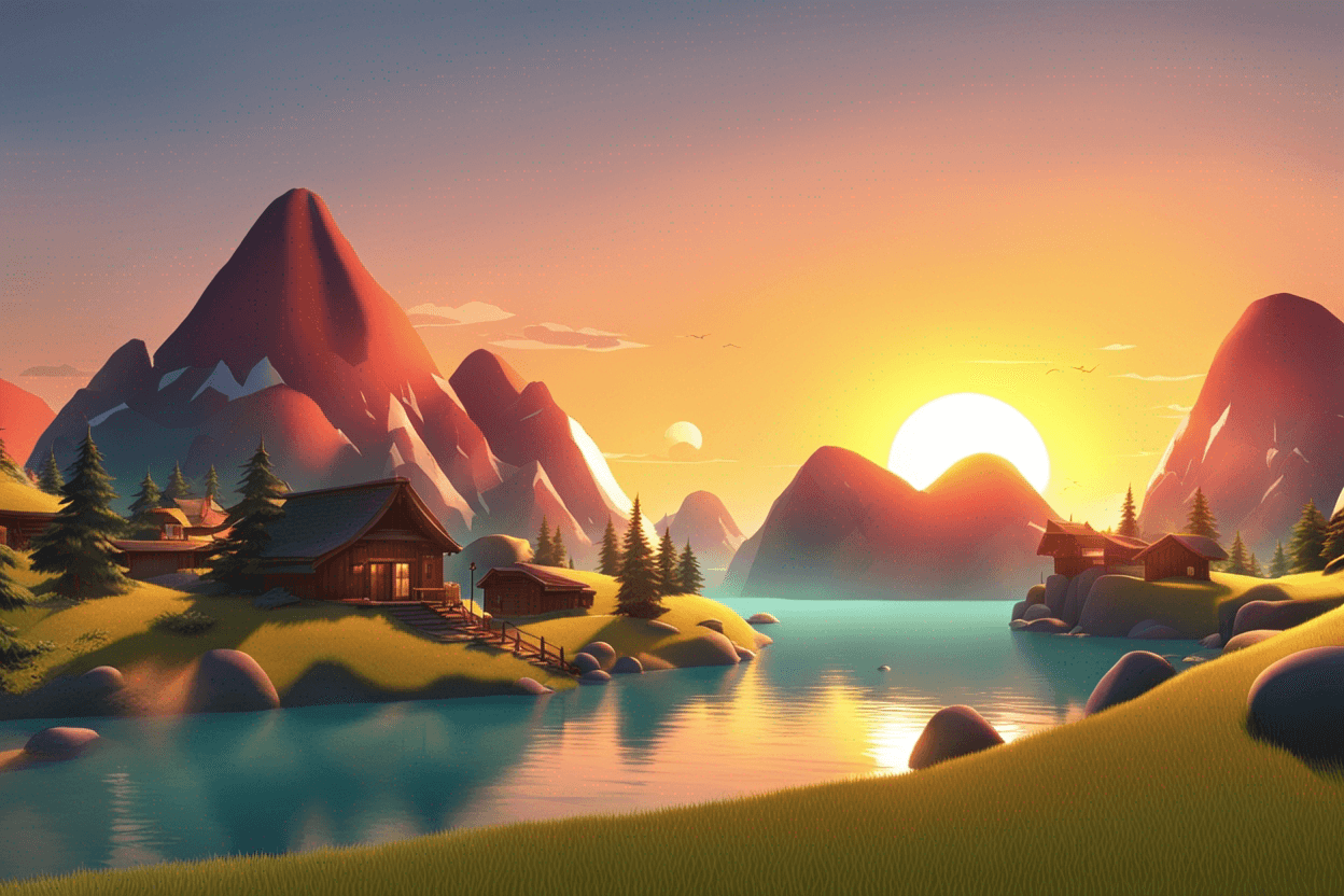 3D, animation style, and landscape with a sunrise