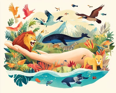 Create a vivid and meaningful illustration about biodiversity conservation. The image portrays a giant hand symbolizing human care, cradling an assortment of wildlife and plant species that represent different ecosystems on earth. Birds fly high in the sky, a lion roars in the savannah, a whale swims in the ocean, and a variety of flora is peppered throughout the scene. Flowing rivers, towering mountains, and a lush forest complete the biodiverse landscape. The image is a visual metaphor for the protection of biodiversity and the environmental responsibilities we hold.