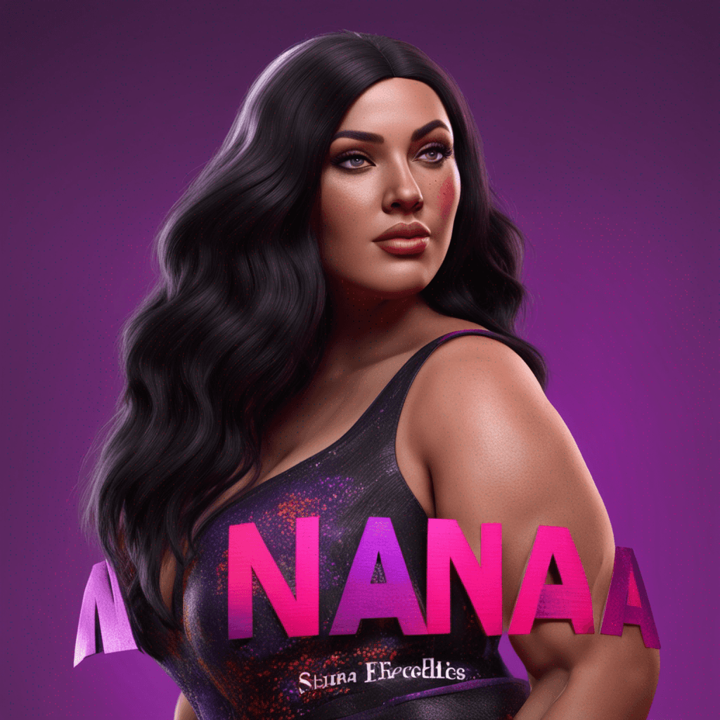 Create a visually stunning 4D render of a beautiful plus-size American woman with fair skin, long black hair, and freckles. Incorporate vibrant red and purple tones into the name 'Nana' and surrounding text. Ensure the final render is highly realistic and suitable for printing in 4K resolution.