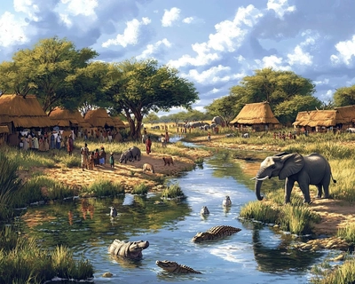 A picture of an African village next to the Kavango River in Namibia. There should be people next to the river as well as animals drinking water. The animals should include elephants, hippopotamus, crocodile, african buffalo and lions. The image should show harmony between people and wildlife.