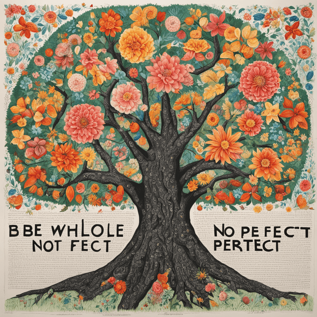 the puzzle is showing the text 
" Be Whole, Not Perfect" 
the drawing is a tree of flowers
let the letters appear large in Georgia font