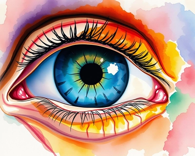 Clinical anatomy of eye and adnexa , watercolor painting style, soft flowing colors, delicate brushstrokes, artistic watercolor technique, vibrant saturated colors, high color contrast, highly detailed, rich textures, intricate details