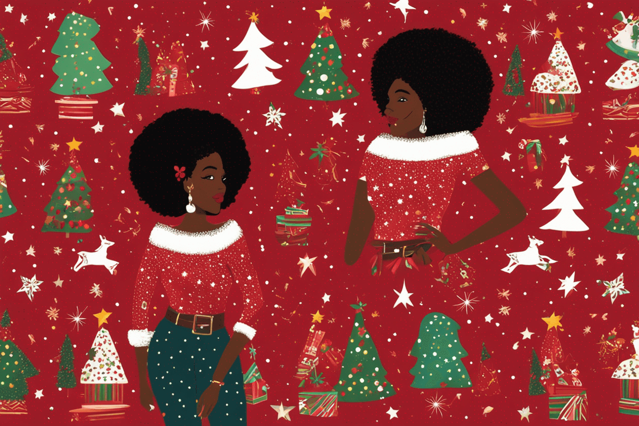 Create a custom puzzle featuring a vibrant and festive 20oz skinny steel tumbler design. The tumbler has a rich, dark background with a striking illustration of a black woman with curly afro hair, adorned in a red off the shoulder top festive attire, and surrounded by a magical array of twinkling stars and glowing Christmas lights. Words like 'GENEROUS', 'LOVING', 'MERRY', 'PEACEFUL', and 'JOYFUL' are elegantly displayed in a vertical fashion along the tumbler. The visual theme captures the spirit of the holiday season with warmth and elegance. The puzzle should reflect the intricacy of the design, with particular attention to the contrast of the bright festive elements against the dark backdrop, and the detailed jewelry and makeup of the woman. Aim for a puzzle that is not only visually appealing but also challenging enough to assemble, with a piece count that complements the complexity of the image.