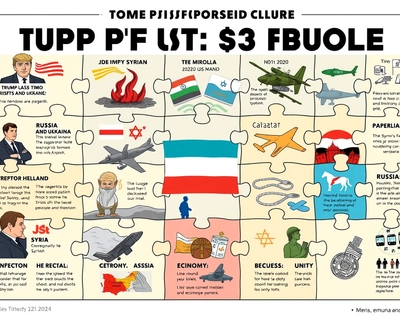 Instructions: Create an infographic in the form of a complete rectangular puzzle consisting of exactly 15 pieces which all connect together.

Design rules:
1. Each piece of the puzzle must stand on its own.
2. Each piece must have both an illustration and a large title.
3. Only leave large, prominent titles (no small text).
4. The pieces must be in linear order (left to right, then down).

Content of the pieces in this exact order:
1. Trump loses 2020 US election
2. Russia and Ukraine
3. The miracle of the pagers
4. The IDF destroys Hezbollah
5. The rebels destroy Assad
6. The IDF destroys the Syrian army
7. The IDF defeats Iran
8. Hezbollah does not help
9. Syria does not help
10. Russia does not help
11. Syria - a refueling station for our airplanes
12. Houthis - live-round training for our pilots
13. Trump reelected in 2024
14. Economy and success
15. Unity, emuna and security


men and women should not be touching in the illustrations