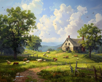 Daylight farmhouse scene with animals grazing in the fields

