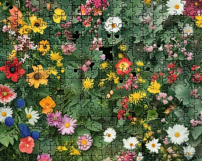 A picture of a flower garden with big jigsaw pieces defined but 5 jigsaw pieces missing and denote those missing pieces in white and have these missing pieces spread out evenly and we do not want any missing pieces adjacent to each other and one of the missing pieces in the centre