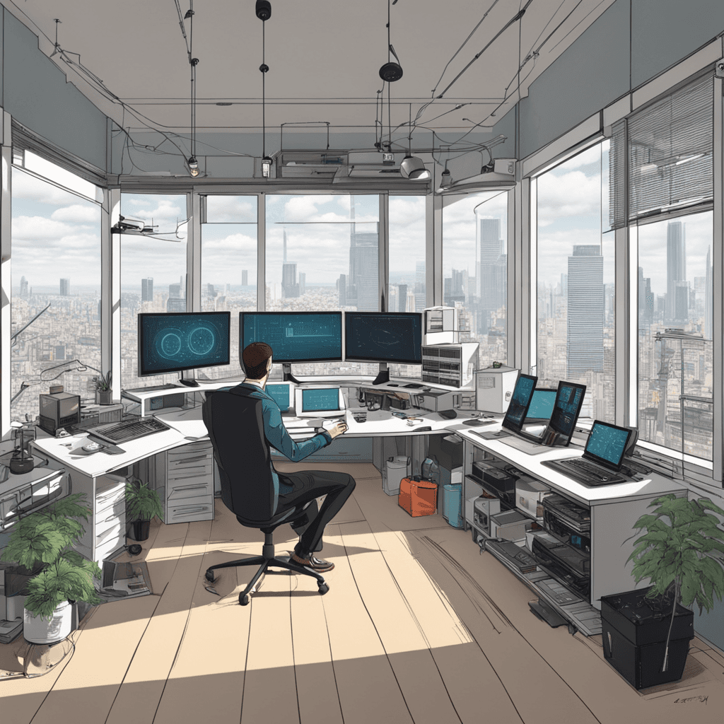 Design of an urban apartment of a programmer of the future with floating objects, multiple monitors, servers, one big panoram window on city