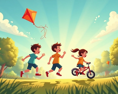 A picture of play ground with children running , jumping, swing, cycling, flying kite