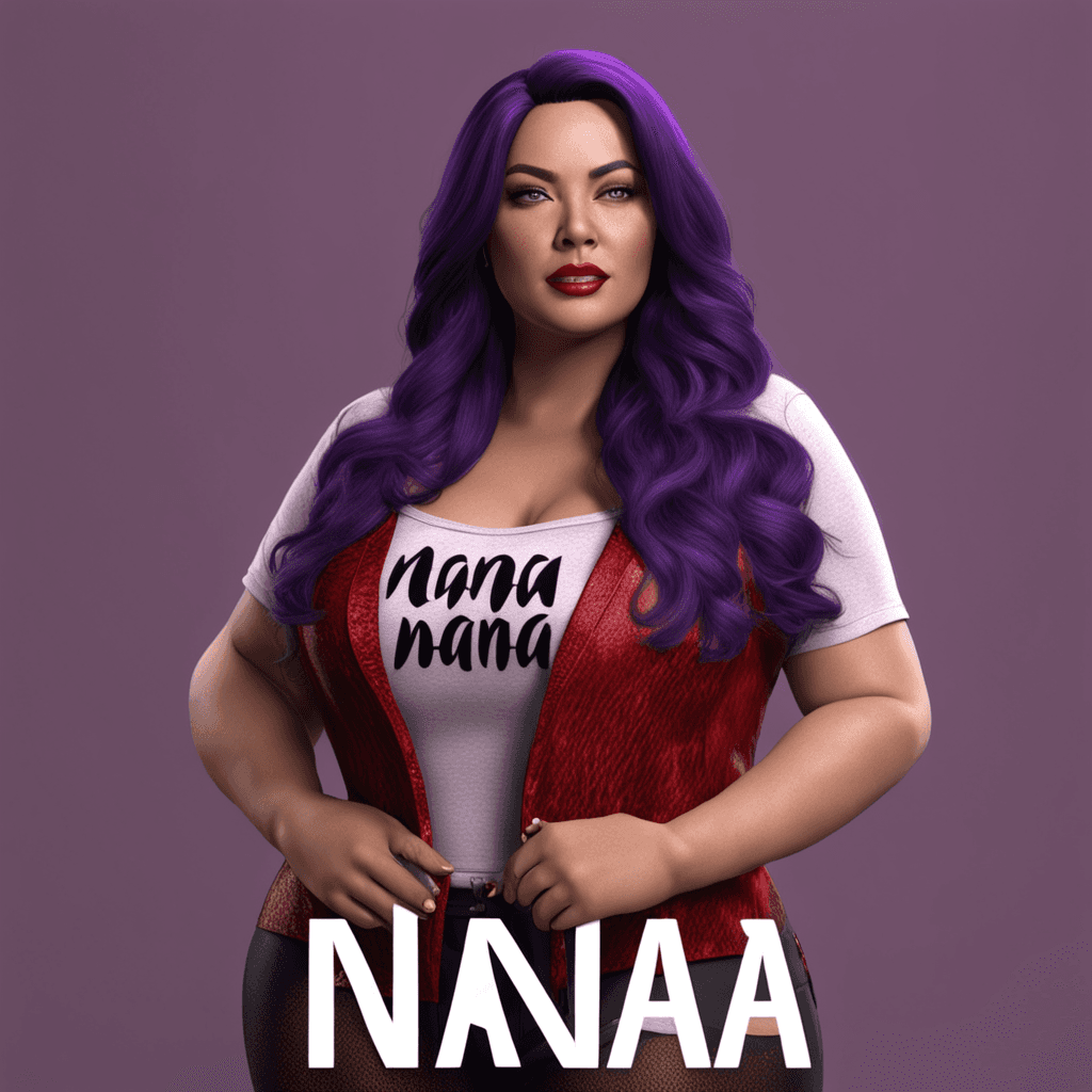 women plus size pretty lady, skin American , long black hair, freckles, red and purple tones on the name "Nana", text , 4d render, photo, realistic, 4k ready to print, 4d render.


