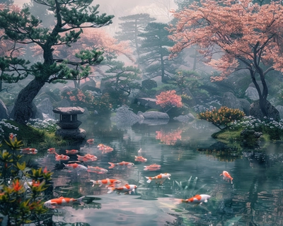 A serene Japanese garden at dawn, featuring a koi pond with vibrant koi fish swimming gracefully, surrounded by meticulously maintained bonsai trees and blooming cherry blossoms. The scene is softly illuminated by the morning light filtering through a gentle mist, creating a tranquil and ethereal atmosphere. The garden is viewed from a low angle, similar to the perspective seen in traditional Japanese woodblock prints, capturing the delicate details and harmonious balance of nature. The art style should be inspired by Katsushika Hokusai, with a focus on his use of color and composition.
